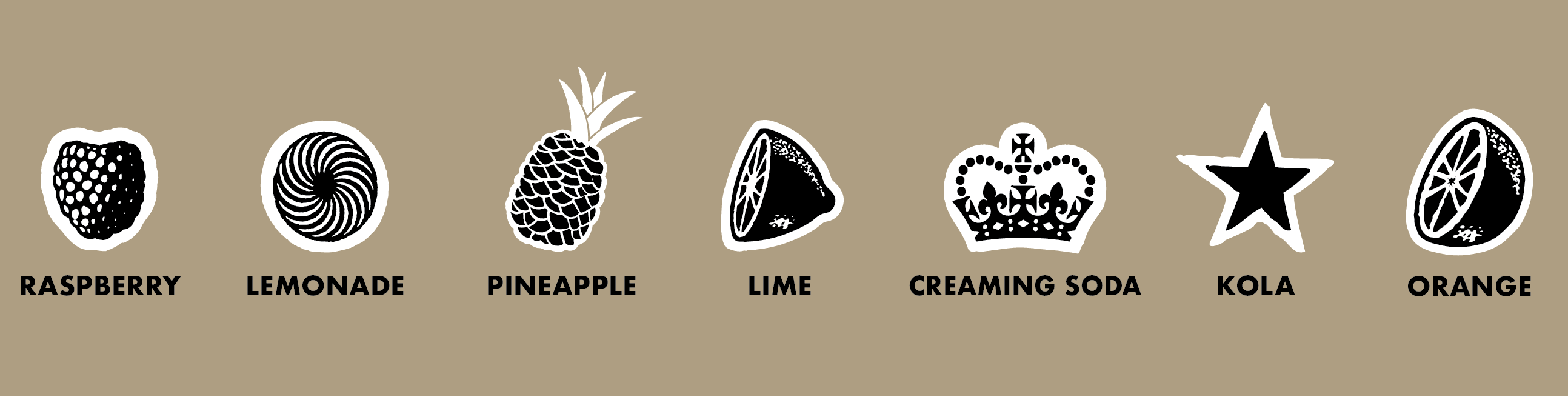 Set of black and white icons with corresponding fruit names on a beige background